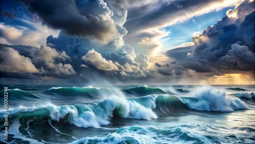 A captivating scene of powerful ocean waves cresting, with sunlight piercing through dynamic storm clouds overhead