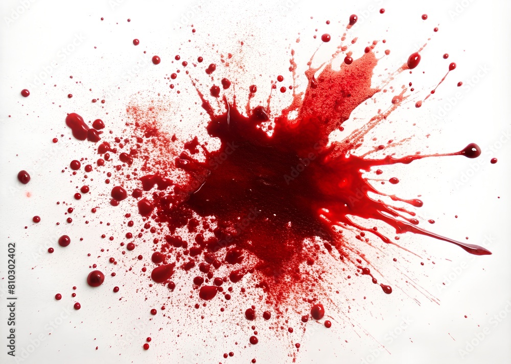 High-resolution image of a splatter of red liquid that closely resembles blood on a white background High-resolution image of a splatter of red liquid that closely resembles blood on a white background