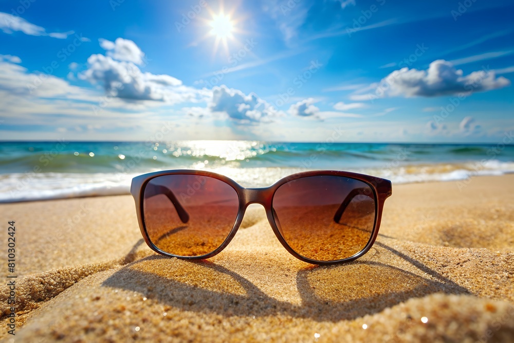 Close up of stylish sunglasses lying on a sandy beach with a clear blue sky and radiant sun above, symbolizing holidays and relaxation Close up of stylish sunglasses lying on a sandy beach with a clear blue sky and radiant sun above, symbolizing holidays and relaxation