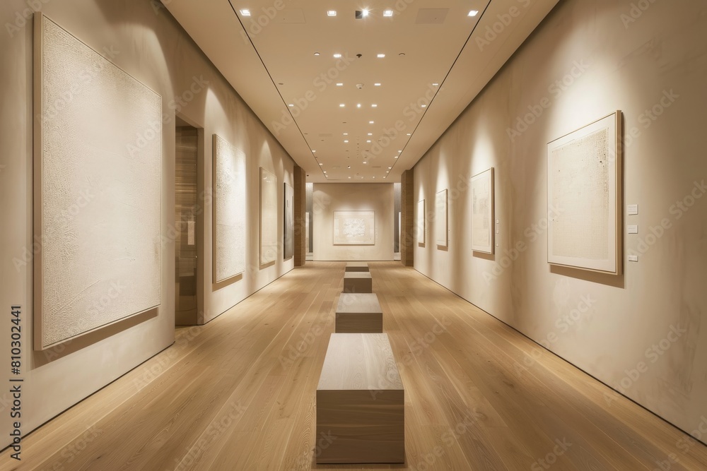 Fototapeta premium Tranquil exhibition space with elegant wood floors, warm ambient lighting, and contemporary artwork in a spacious art gallery interior