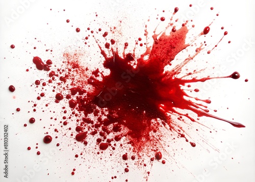 High-resolution image of a splatter of red liquid that closely resembles blood on a white background
