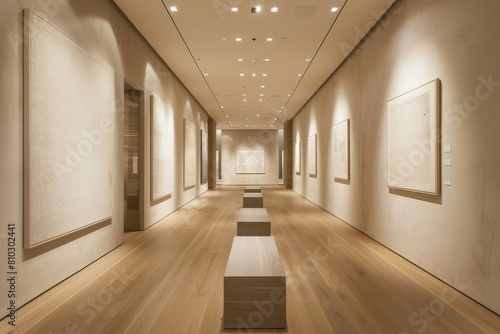 Tranquil exhibition space with elegant wood floors  warm ambient lighting  and contemporary artwork in a spacious art gallery interior