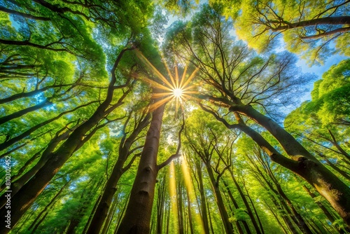 Rays of sunlight breaking through the vibrant green foliage of a dense forest, evoking a sense of wonder and growth in nature