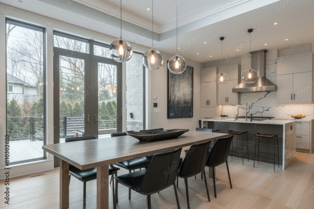 Modern kitchen and dining room with expansive windows, stylish pendant lights, and sleek furniture in a roomy residential setting Modern kitchen and dining room with expansive windows, stylish pendant lights, and sleek furniture in a roomy residential setting