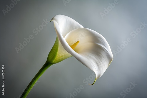 A single calla lily stands elegantly against a grey backdrop  capturing the beauty and grace of the flower s curves