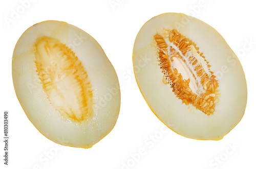 Melon cut isolated on white background.Summer fruits. A section of a ripe, yellow melon.