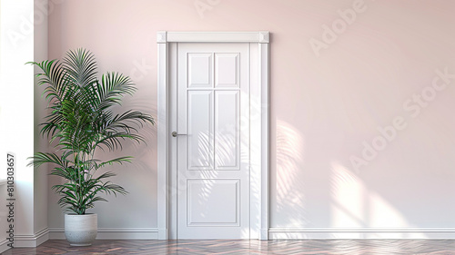 White door  window and plant concept in plain monochrome pastel pink color. Light background with copy space. 3D rendering.