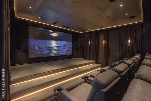 Modern private cinema room with comfortable leather seating and cinematic screen showcasing a beautiful ocean scene in a lavish interior © ChaoticMind