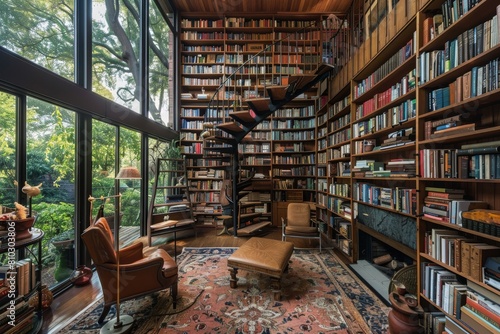Expansive home library featuring tall bookshelves  a sliding ladder  cozy seating  and expansive views of verdant surroundings