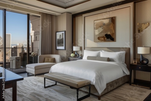 Luxurious and contemporary hotel room featuring a spacious cozy bed, chic decor, and a stunning cityscape vista © ChaoticMind