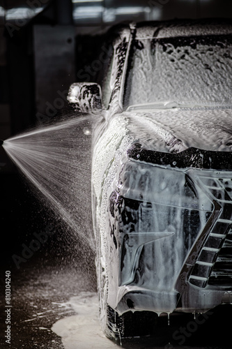 Man applying foam to black car in car wash. Vertical photo. 