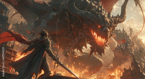 A dark fantasy art style battle scene between large monster, monster has red glowing eyes with horns on its head, warriors fighting against these creature in background