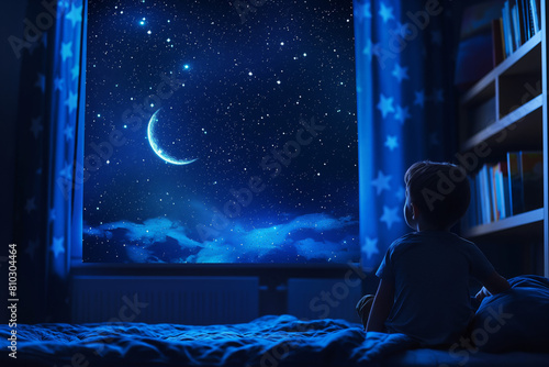 young boy looking at the waning moon through his bedroom window photo
