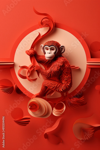 Vibrant paper art of a monkey, Chinese monkey year, greeting card, paper art illustration, red color © fahrwasser