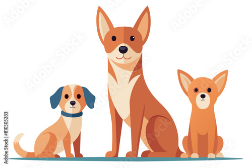 A trio of cartoon dogs displaying different breeds and sizes