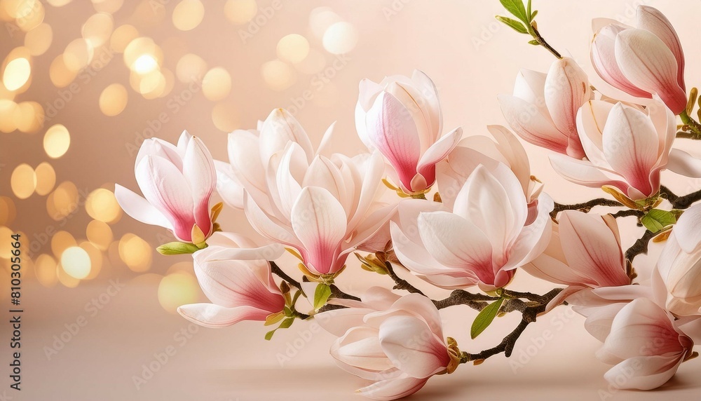 An image featuring a graceful branch of blooming magnolia flowers with a neutral pastel-colored background for an elegant look