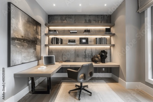 Chic home office with modern desk  cozy chair  floating shelves  and contemporary art in a stylish room setting