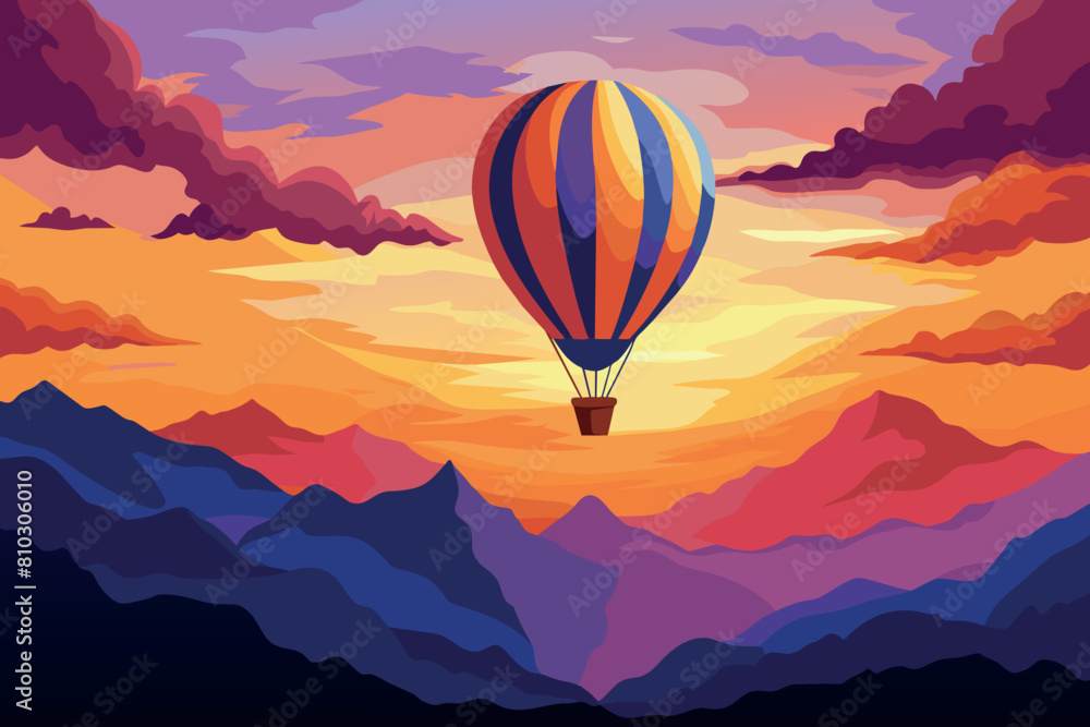 Fototapeta premium A balloon flies over layered hills against a vibrant dusk sky
