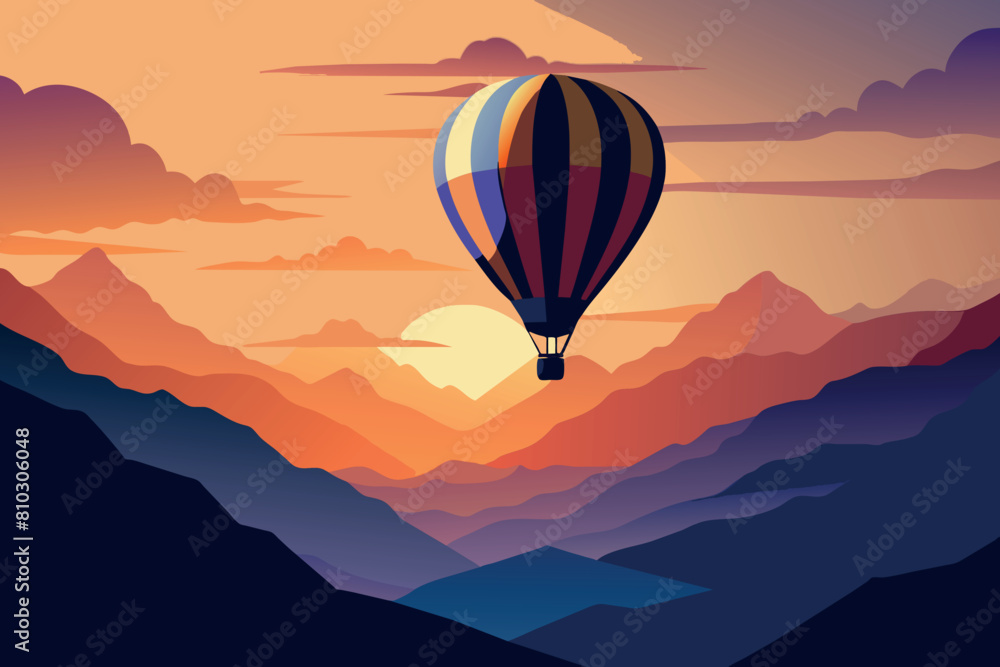Fototapeta premium A hot air balloon soars over a tranquil mountainous landscape bathed in sunset hues