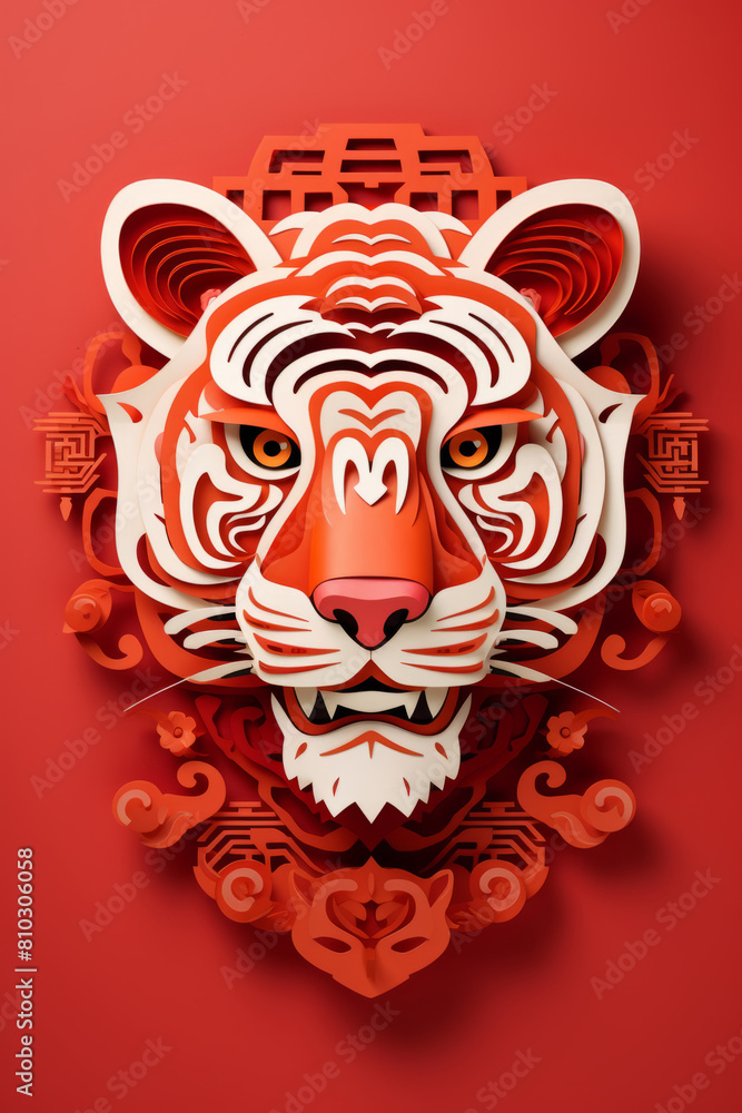 Vibrant paper art of a tiger, Chinese tiger year, greeting card, paper art illustration, red color Vibrant paper art of a tiger, Chinese tiger year, greeting card, paper art illustration, red color