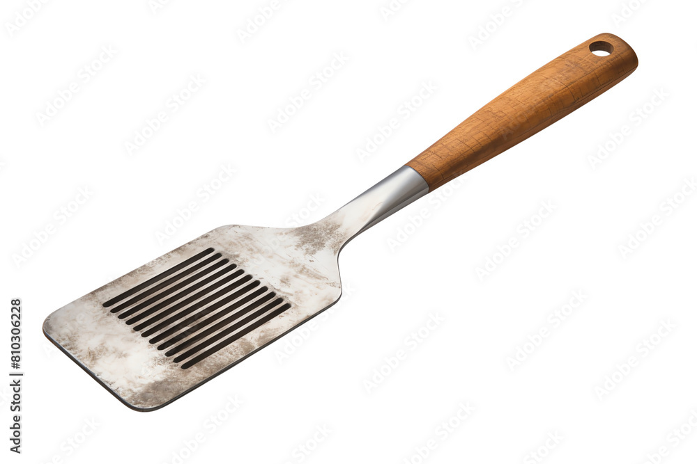 The image shows a kitchen spatula with a wooden handle. The spatula has a sharp edge and is used for scraping food from a pan. The image shows a kitchen spatula with a wooden handle. The spatula has a sharp edge and is used for scraping food from a pan.