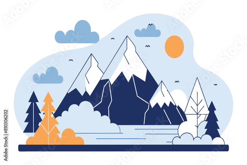 Stylized illustration of mountains with sun, trees, and river in a tranquil setting © PixelPaletteArt
