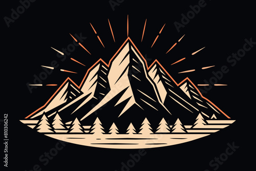 Snow-capped mountain with sun rays and a forest silhouette against a dark background © PixelPaletteArt