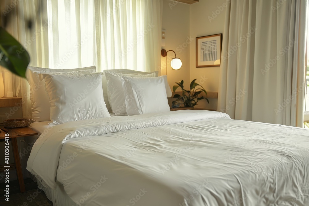 Warm and inviting bedroom setting with crisp white bedding and soft natural light streaming through sheer curtains Warm and inviting bedroom setting with crisp white bedding and soft natural light streaming through sheer curtains