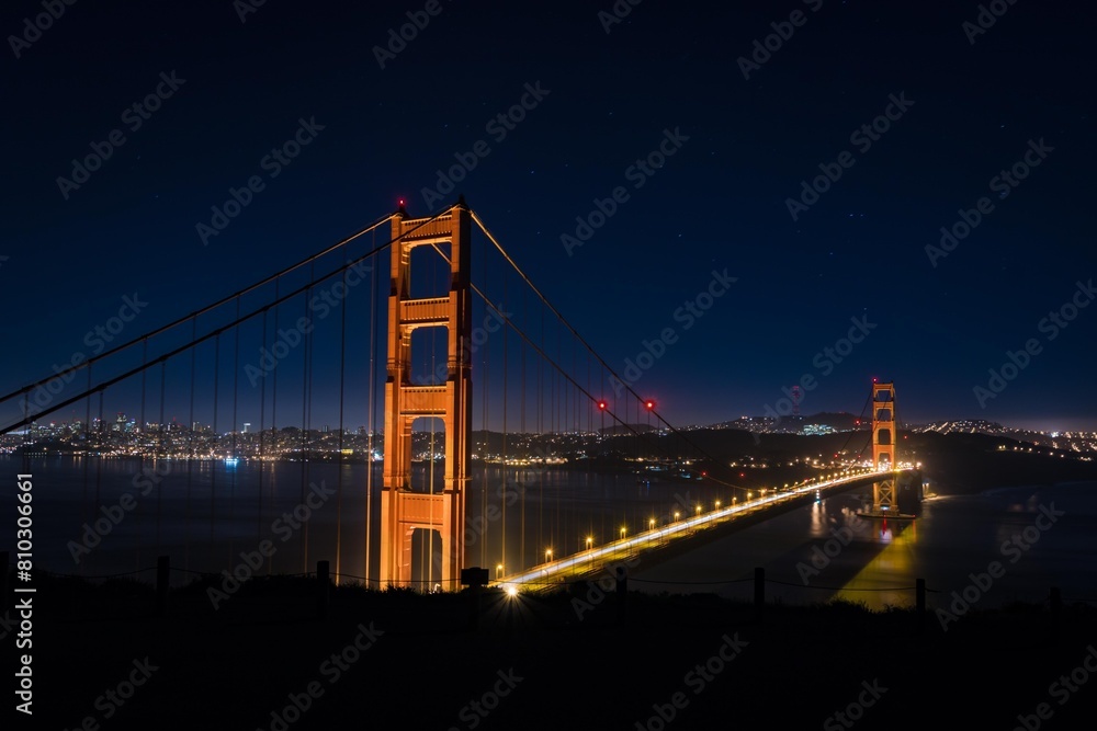 Nighttime view of the illuminated golden gate bridge