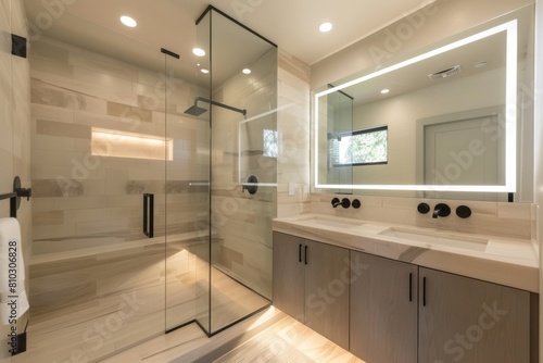 Modern bathroom with a roomy glass shower  double vanity  lit-up mirror  and sophisticated neutral tile pattern
