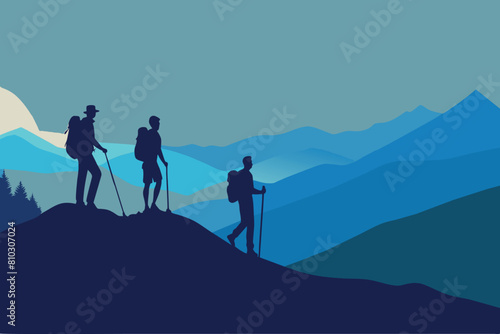A trio of hikers stands atop a mountain, silhouetted against a stunning sunset