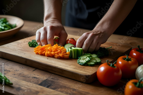 A chef chopping fresh vegetables on a wooden cutting board, with vibrant colors and textures on display, HD Hyper resolution, 8k 