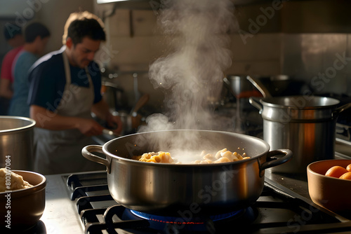 Steam rising from a pot on the stove as a cook stirs ingredients for a savory dish in a bustling kitchen, High illustration, 8k image, highly details,