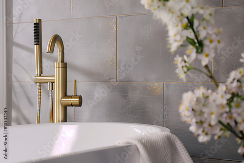 A closeup shot of the brass faucet, showcasing its sleek design and golden finish against the grey tiles in the bathroom setting. The white bathtub is visible on one side with flowers placed beside it