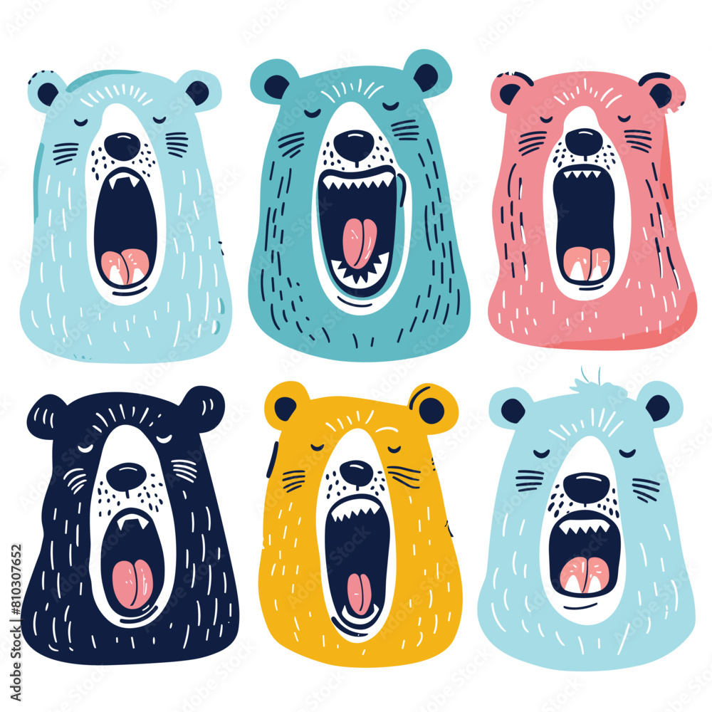 Six cartoon bears expressing different emotions, colorful cute bear ...
