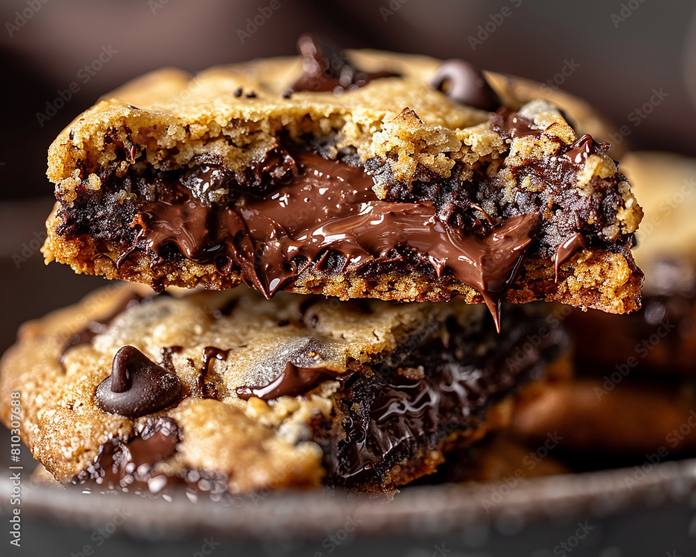 Chocolate chip cookies broken in half and showing crumbly cookie texture. Close-up Shot. Chocolate chip cookies broken in half and showing crumbly cookie texture. Close-up Shot.