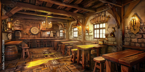 Medieval Tavern  Abstract Tavern Interior with Wooden Tables and Tavern Sign  Suitable for Historical or Fantasy Plays