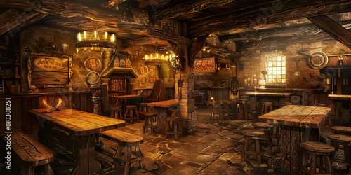 Medieval Tavern: Abstract Tavern Interior with Wooden Tables and Tavern Sign, Suitable for Historical or Fantasy Plays