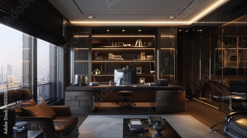 Sleek and luxurious home office within a modern apartment featuring dark tones  cool LED lighting  creating a sophisticated and inviting workspace.