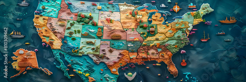 Colourful and Detailed Map of The United States with Iconic Landmarks and States photo
