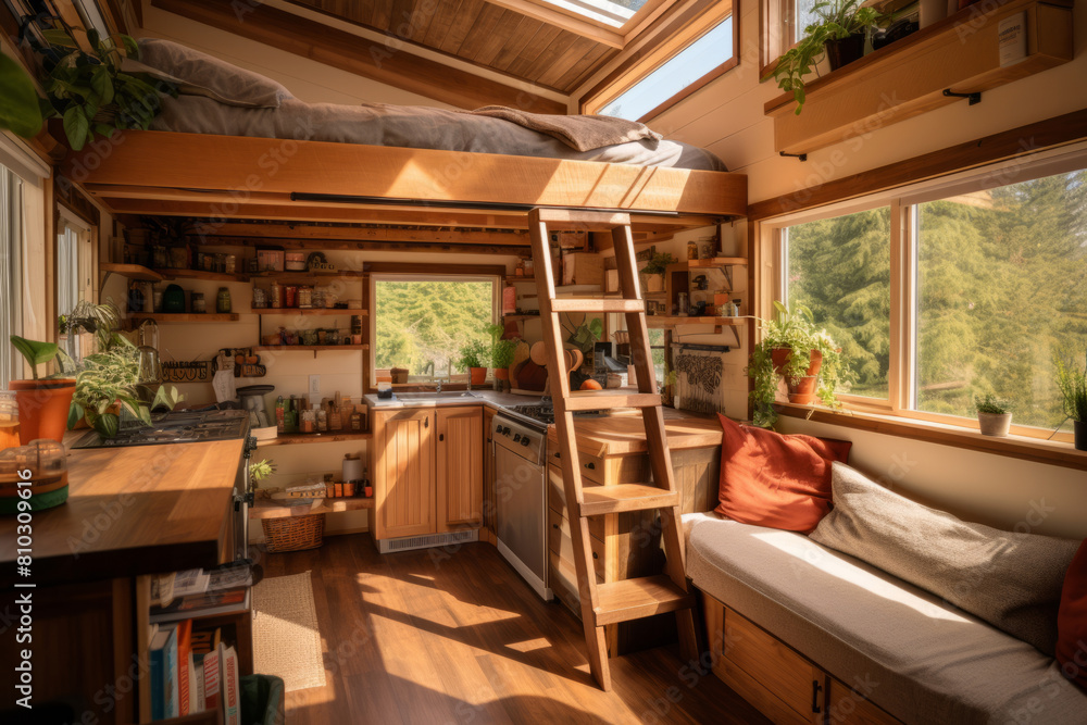 Cozy tiny house interior with loft bed and modern amenities with a loft bed, compact kitchen, and living space