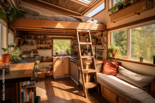 Cozy tiny house interior with loft bed and modern amenities with a loft bed  compact kitchen  and living space