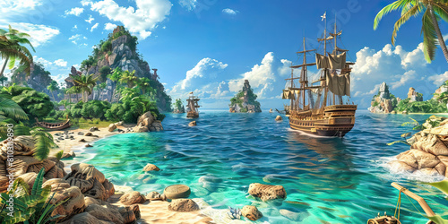 Pirate Cove: Abstract Coastal Scene with Ships and Treasure, Suitable for Pirate or Adventure Plays photo