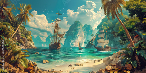 Pirate Cove: Abstract Coastal Scene with Ships and Treasure, Suitable for Pirate or Adventure Plays photo