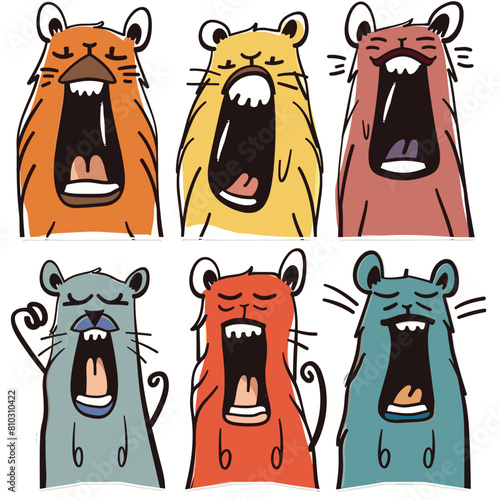 Six cartoon bears expressing various emotions through facial expressions. Colorful bear heads yawn, cry, laugh, exhibit emotions handdrawn style. Emotional bears cartoon set separated white