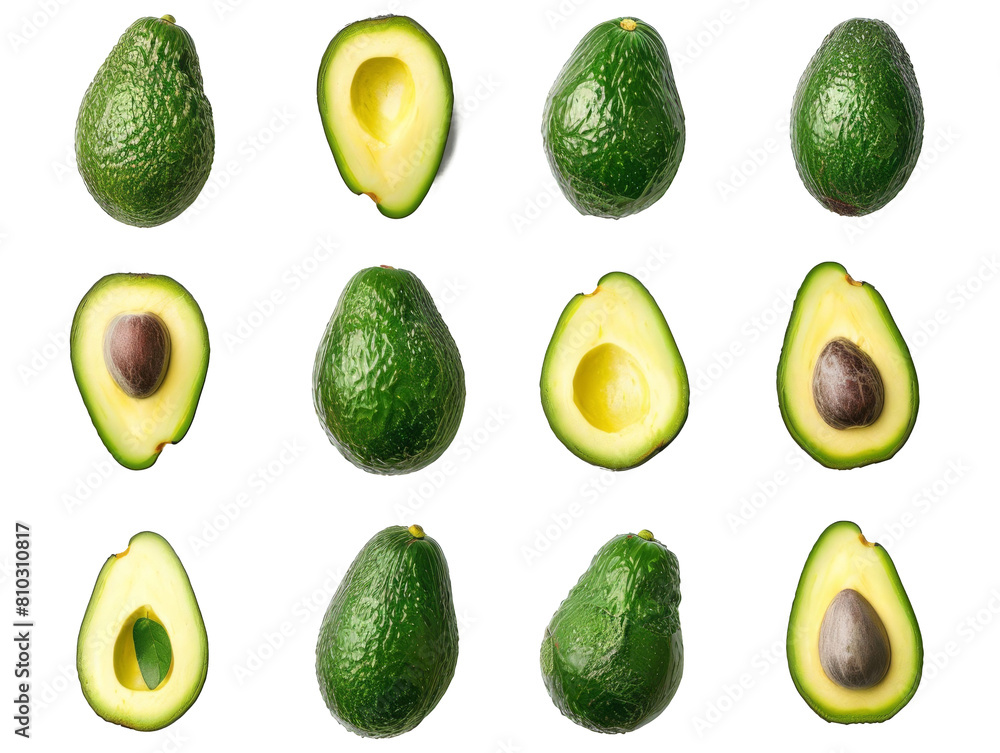 Set of fresh green avocados isolated on white background. Set of fresh green avocados isolated on white background.