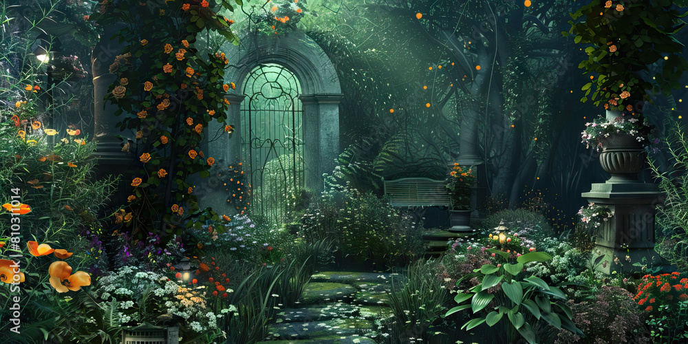 Enchanted Garden: Abstract Garden Setting with Flowers and Fairytale Elements, Ideal for Romantic or Fantasy Plays