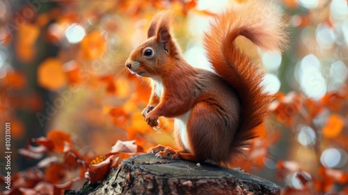 Squirrel red fur funny pets autumn forest on background wild nature animal thematic  Sciurus vulgaris  rodent 