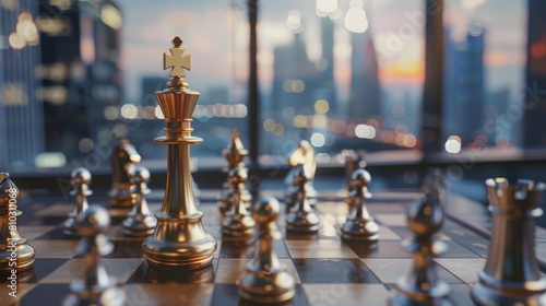A chessboard with a golden king standing tall among silver pieces