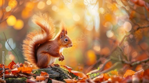 Squirrel red fur funny pets autumn forest on background wild nature animal thematic (Sciurus vulgaris, rodent) © Nijat